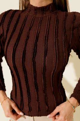 Şerit Fırfırlı Balıkçı Yaka Bluz Kahve - Kadın Giyim Modelleri