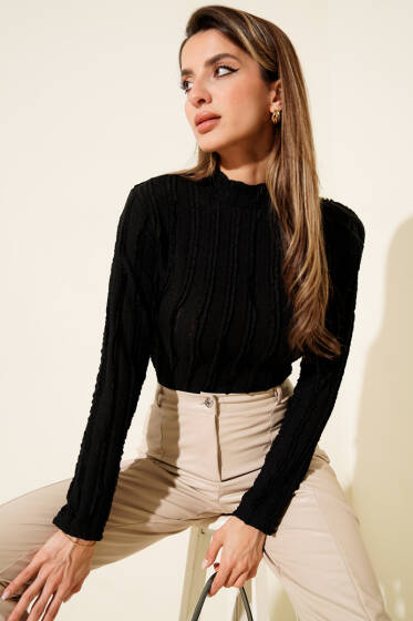 Şerit Fırfırlı Balıkçı Yaka Bluz Siyah - Kadın Giyim Modelleri