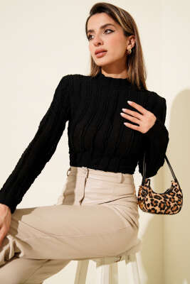 Şerit Fırfırlı Balıkçı Yaka Bluz Siyah - Kadın Giyim Modelleri