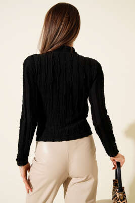 Şerit Fırfırlı Balıkçı Yaka Bluz Siyah - Kadın Giyim Modelleri