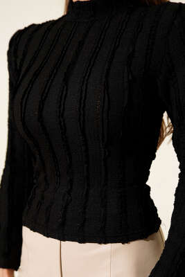 Şerit Fırfırlı Balıkçı Yaka Bluz Siyah - Kadın Giyim Modelleri