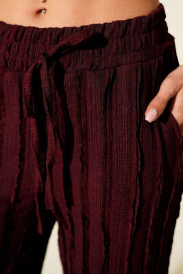 Şerit Fırfırlı Beli Lastikli Pantolon Bordo - Kadın Giyim Modelleri
