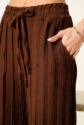 Şerit Fırfırlı Beli Lastikli Pantolon Kahve - Kadın Giyim Modelleri
