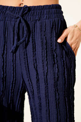 Şerit Fırfırlı Beli Lastikli Pantolon Lacivert - Kadın Giyim Modelleri