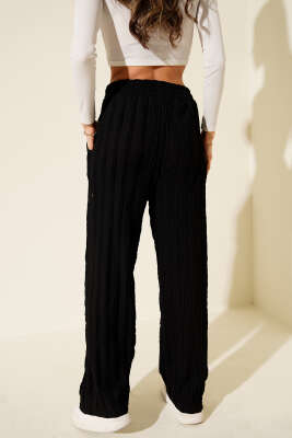 Şerit Fırfırlı Beli Lastikli Pantolon Siyah - Kadın Giyim Modelleri