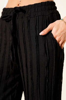 Şerit Fırfırlı Beli Lastikli Pantolon Siyah - Kadın Giyim Modelleri