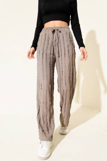 Şerit Fırfırlı Beli Lastikli Pantolon Vizon - Kadın Giyim Modelleri