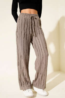 Şerit Fırfırlı Beli Lastikli Pantolon Vizon - Kadın Giyim Modelleri