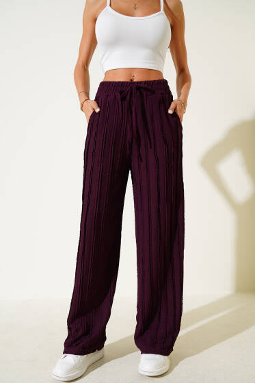 Şerit Fırfırlı Bürümcük Pantolon Mürdüm - Kadın Giyim Modelleri