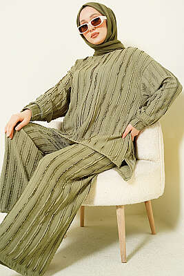 Şerit Fırfırlı Tunik İkili Takım Çağla Yeşili - GÜRZA TEKSTİL