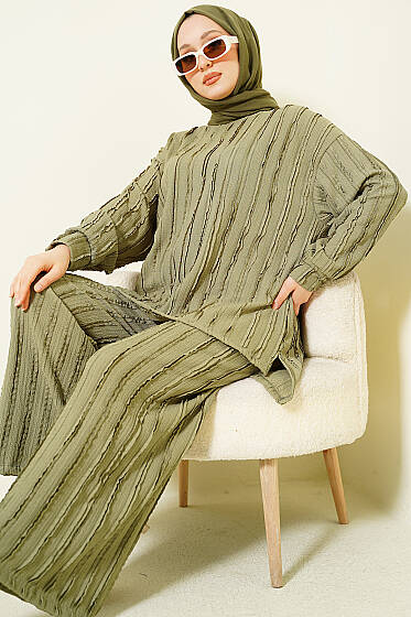 Şerit Fırfırlı Tunik İkili Takım Çağla Yeşili - İkili Takım
