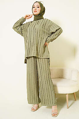 Şerit Fırfırlı Tunik İkili Takım Çağla Yeşili - İkili Takım