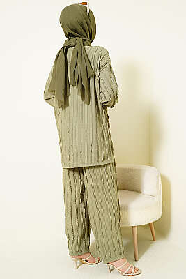 Şerit Fırfırlı Tunik İkili Takım Çağla Yeşili - İkili Takım