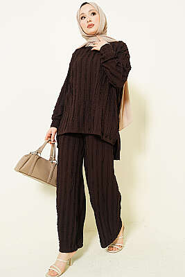 Şerit Fırfırlı Tunik İkili Takım Kahve - GÜRZA TEKSTİL