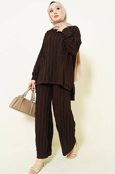 Şerit Fırfırlı Tunik İkili Takım Kahve - İkili Takım