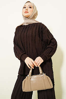 Şerit Fırfırlı Tunik İkili Takım Kahve - İkili Takım