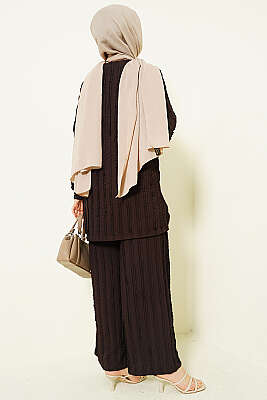 Şerit Fırfırlı Tunik İkili Takım Kahve - İkili Takım