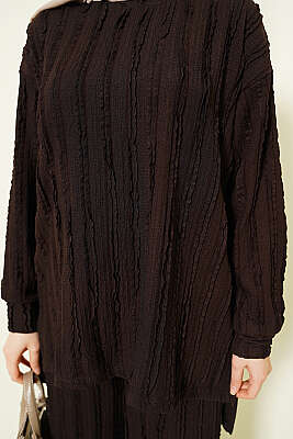 Şerit Fırfırlı Tunik İkili Takım Kahve - İkili Takım