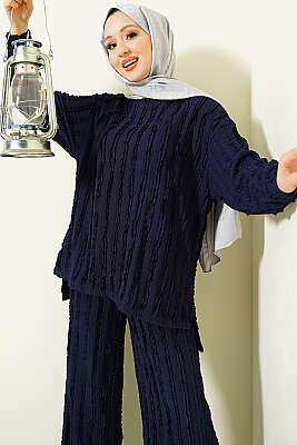 Şerit Fırfırlı Tunik İkili Takım Lacivert - GÜRZA TEKSTİL