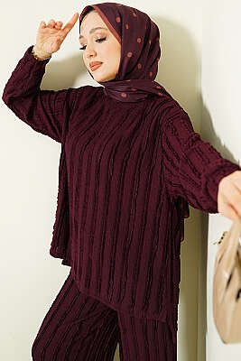 Şerit Fırfırlı Tunik İkili Takım Mürdüm - GÜRZA TEKSTİL