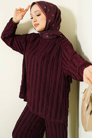 Şerit Fırfırlı Tunik İkili Takım Mürdüm - İkili Takım