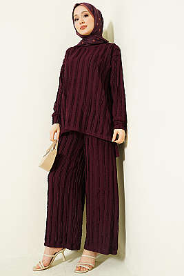 Şerit Fırfırlı Tunik İkili Takım Mürdüm - İkili Takım