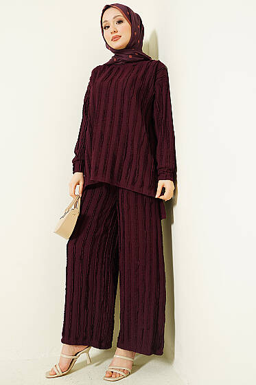 Şerit Fırfırlı Tunik İkili Takım Mürdüm - İkili Takım