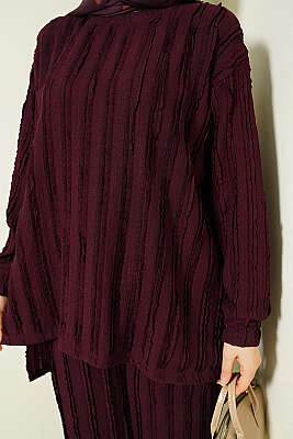 Şerit Fırfırlı Tunik İkili Takım Mürdüm - İkili Takım