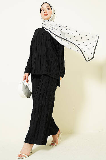 Şerit Fırfırlı Tunik İkili Takım Siyah - İkili Takım