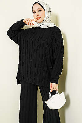 Şerit Fırfırlı Tunik İkili Takım Siyah - İkili Takım