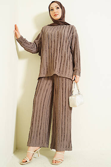 Şerit Fırfırlı Tunik İkili Takım Vizon - İkili Takım