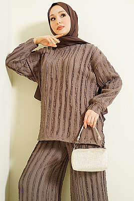 Şerit Fırfırlı Tunik İkili Takım Vizon - İkili Takım