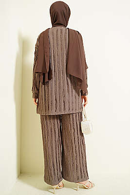 Şerit Fırfırlı Tunik İkili Takım Vizon - İkili Takım