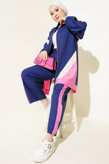 Şerit Garnili Fermuarlı İkili Takım Lacivert - İKİLİ TAKIM