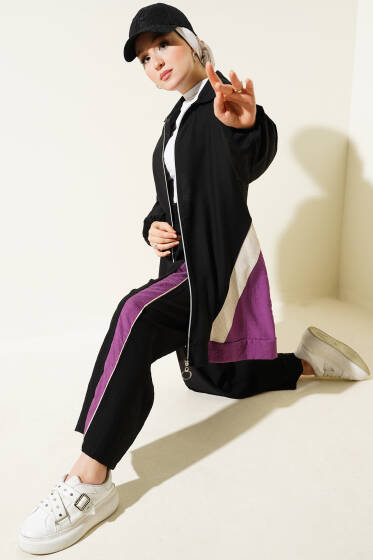 Şerit Garnili Fermuarlı İkili Takım Siyah Mürdüm - İKİLİ TAKIM