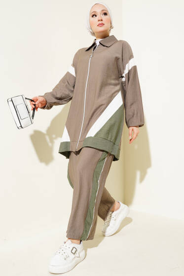 Şerit Garnili Fermuarlı İkili Takım Vizon - İKİLİ TAKIM