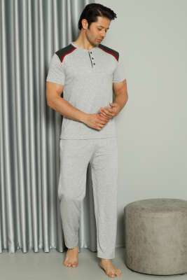 Şerit Garnili Kısa Kol Erkek Pijama Takımı Gri - GLİSA
