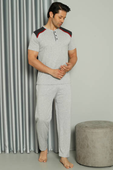 Şerit Garnili Kısa Kol Erkek Pijama Takımı Gri - Pijama