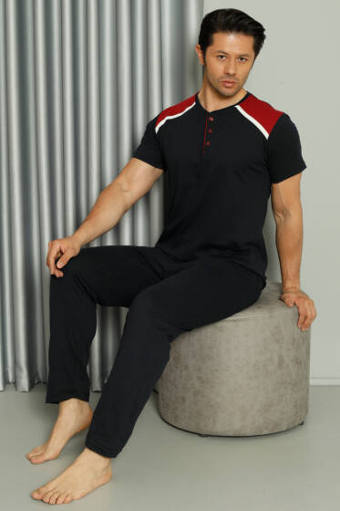 Şerit Garnili Kısa Kol Erkek Pijama Takımı Lacivert Bordo - Pijama