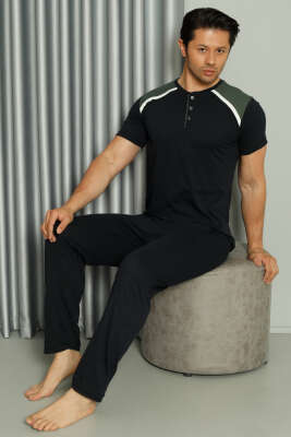 Şerit Garnili Kısa Kol Erkek Pijama Takımı Lacivert Haki - GLİSA