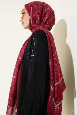 Şerit Geçişli Çiçekli Şal Bordo - Başörtüsü