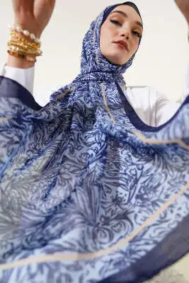 Şerit Geçişli Çiçekli Şal Mavi 