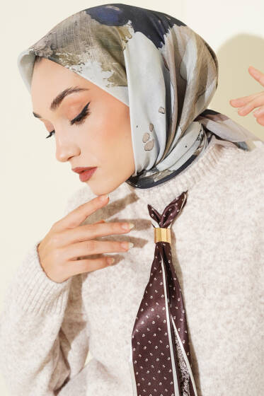 Şerit Geçişli Desen Detaylı Eşarp Bej - Başörtüsü