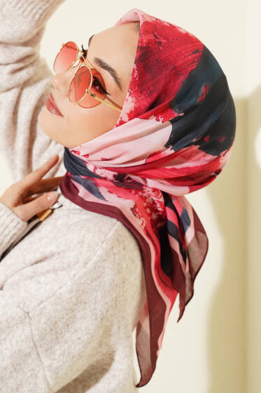 Şerit Geçişli Desen Detaylı Eşarp Bordo - Başörtüsü