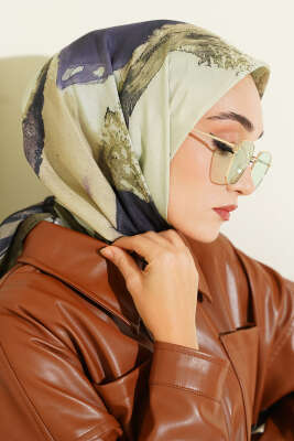 Şerit Geçişli Desen Detaylı Eşarp Haki - Başörtüsü