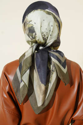 Şerit Geçişli Desen Detaylı Eşarp Haki - Başörtüsü