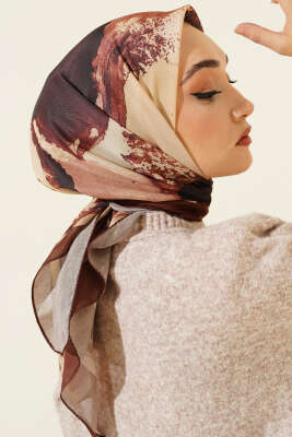 Şerit Geçişli Desen Detaylı Eşarp Kahve 