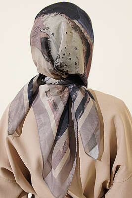 Şerit Geçişli Desen Detaylı Eşarp Kum Bej - Başörtüsü