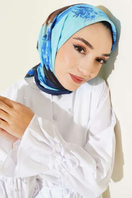 Şerit Geçişli Desen Detaylı Eşarp Saks - Başörtüsü