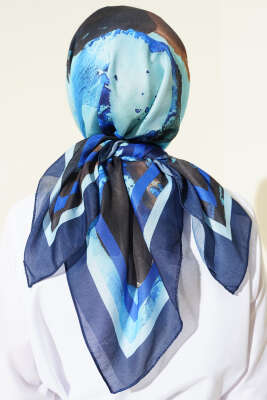 Şerit Geçişli Desen Detaylı Eşarp Saks - Başörtüsü